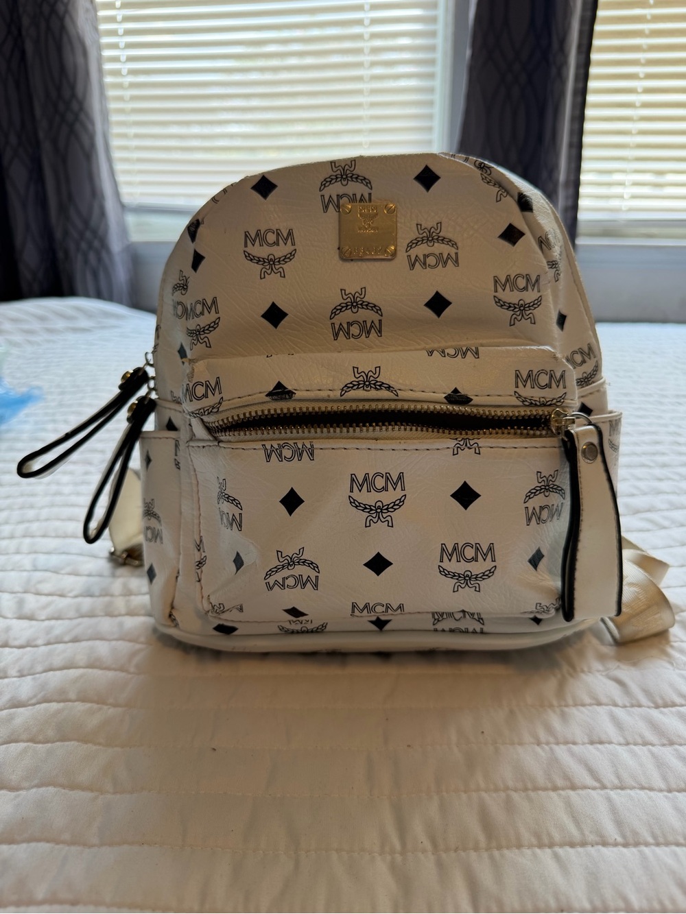 MCM White Logo-Print Mini Backpack with Black Accents